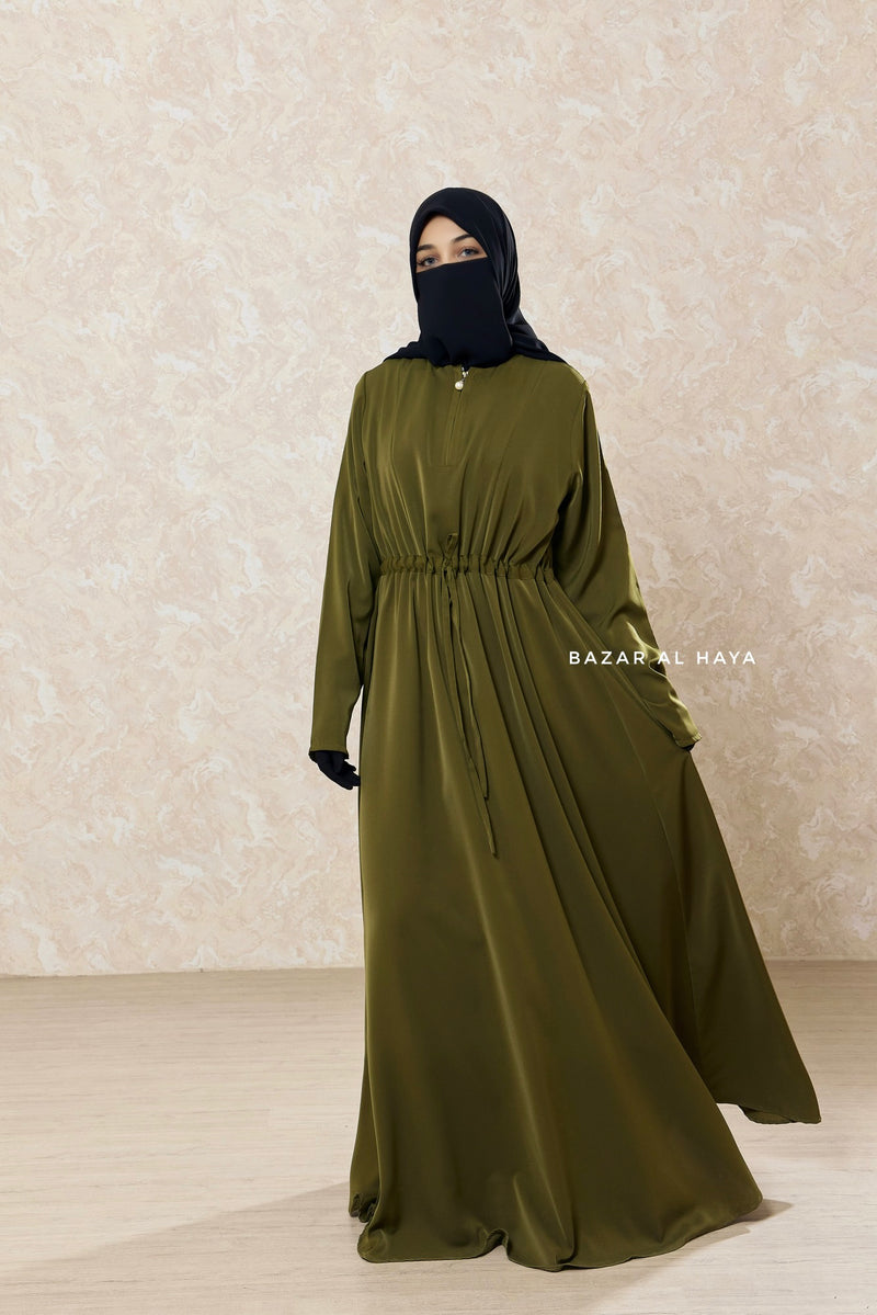 Olive Salam 3 Adjustable Belted Abaya Dress - Front Zipper & Zipper Sleeves - Nida