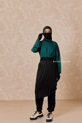 Black Emerald Modest Swimwear 4 Piece Set With Swimdress, Khimar, & Pants - Comfort Swimsuit