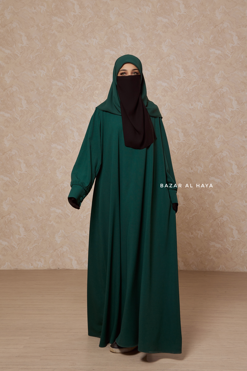 Rania Emerald Green Abaya Dress Half-Placket Button Front & Sleeve - Mediumweight Soft Crepe Cotton