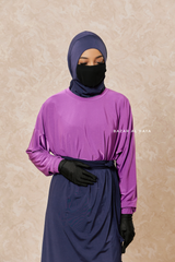 Navy Purple Modest Swimwear 4 Piece Swimdress, Khimar, Apron & Pants - Comfort Swimsuit