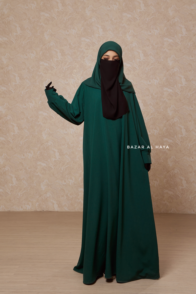 Rania Emerald Green Abaya Dress Half-Placket Button Front & Sleeve - Mediumweight Soft Crepe Cotton