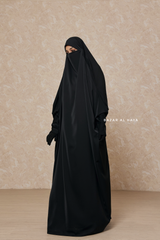 Sarah One Piece Black Jilbab - Zipper Sleeves - Silk Crepe