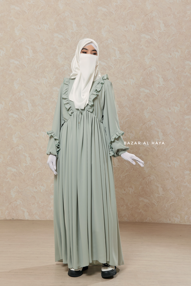 Mint Afsah Ruffle Lightweight Abaya Dress - Breathable Crepe Cotton