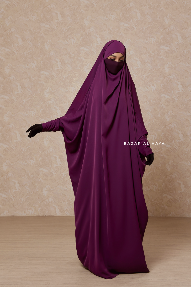 Purple Sarah One Piece Jilbab - Zipper Sleeves - Silk Crepe