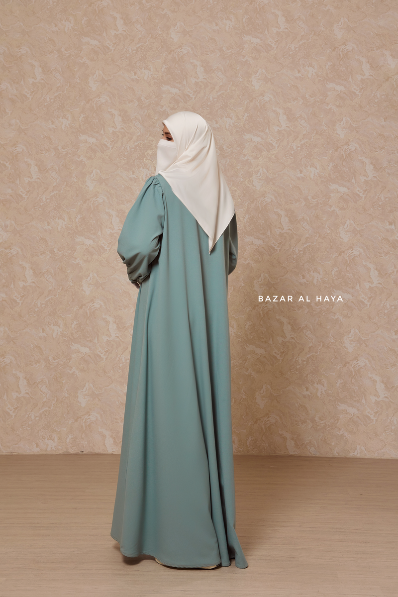 Rania Mint Abaya Dress Half-Placket Button Front & Sleeve - Mediumweight Soft Crepe Cotton