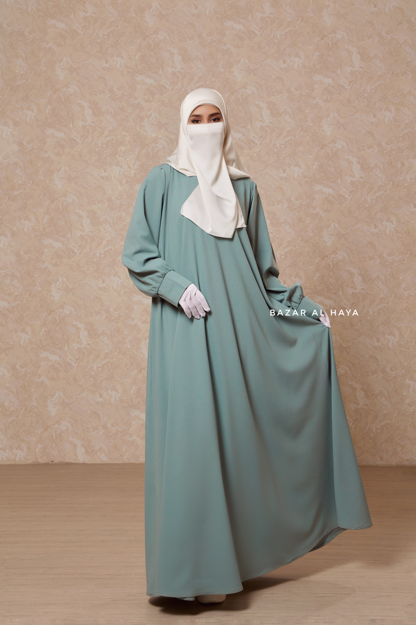 Rania Mint Abaya Dress Half-Placket Button Front & Sleeve - Mediumweight Soft Crepe Cotton