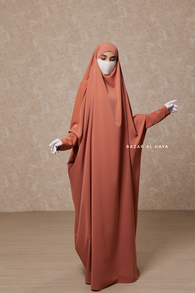 Peach Sarah One Piece Jilbab - Zipper Sleeves - Silk Crepe