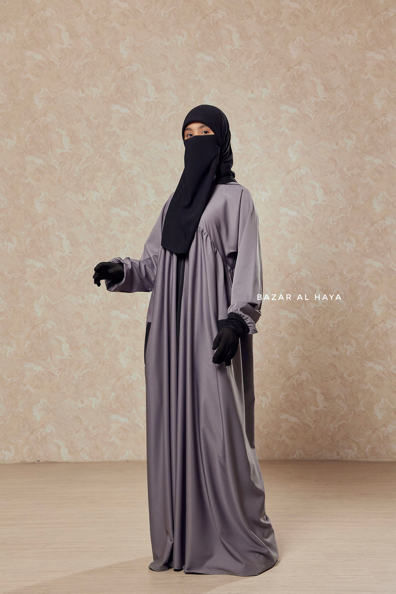 Kalina Steel Grey Hooded Abaya Dress With Pockets - Mediumweight Silk Crepe