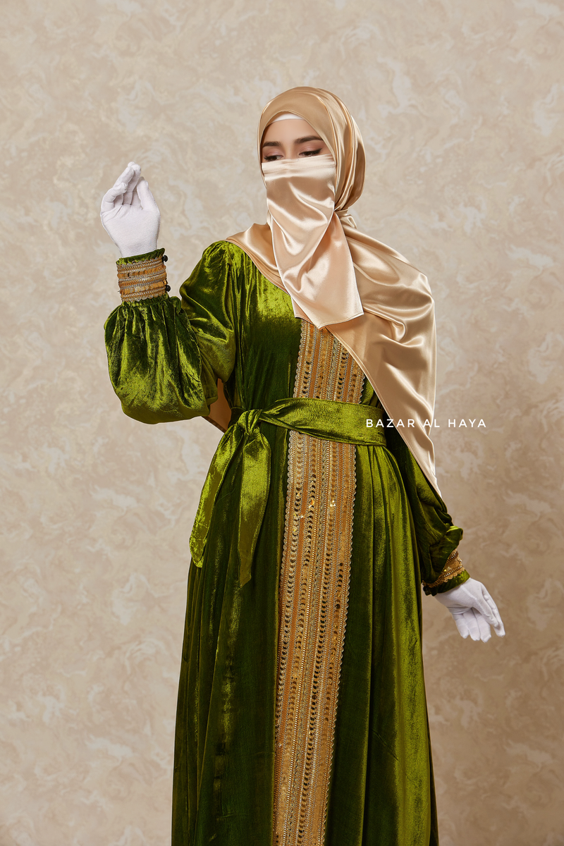 Pistachio Irfah Luxurious Plush Pombarch Kaftan - Abaya Dress With Belt