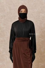 Brown Black Modest Swimwear 4 Piece Swimdress, Khimar, Apron & Pants - Comfort Swimsuit