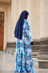 Sadia Ocean/Gold Print Dress - 100% Cotton Summer Tiered Abaya, Front Zipper