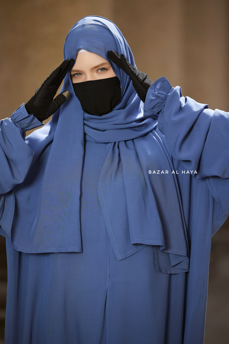 Prayer / Salah Dress One Piece Jilbab Blue 100% Cotton - Super Breathable Comfy Style