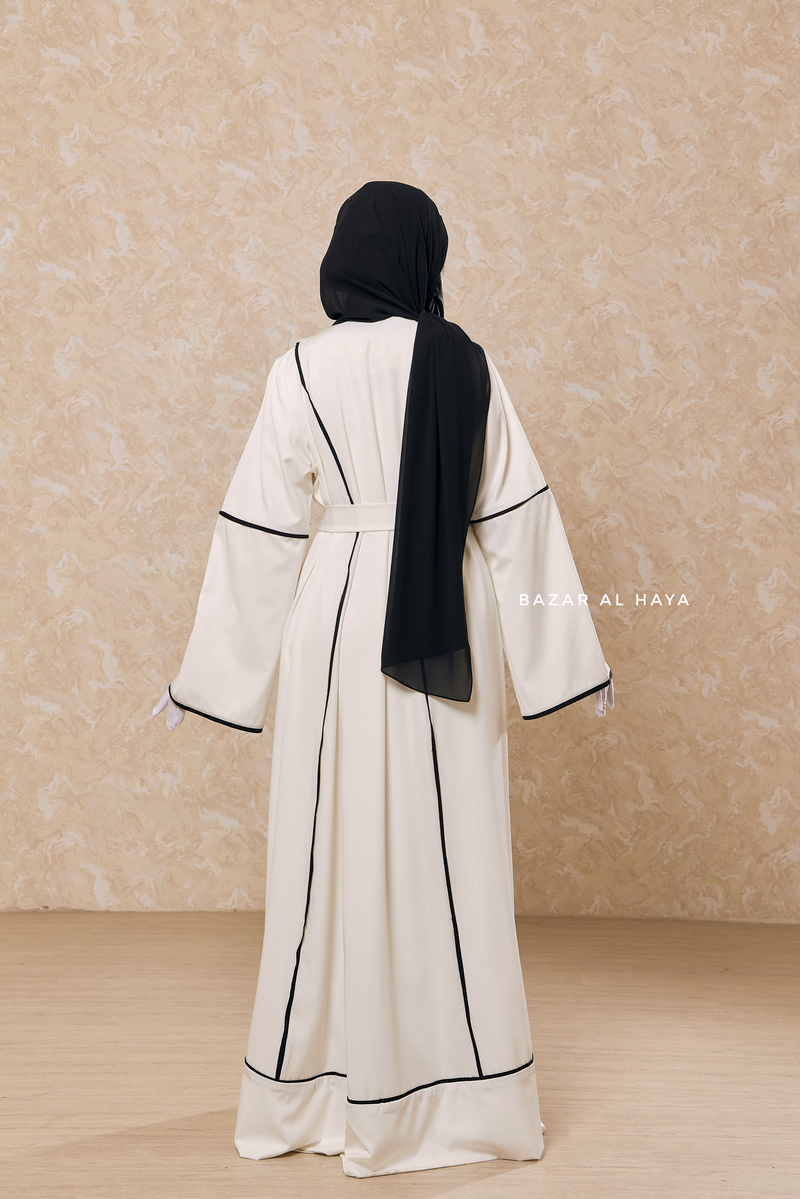 White Fazeela Open Front Abaya In Classic Design - Premium Silk Crepe