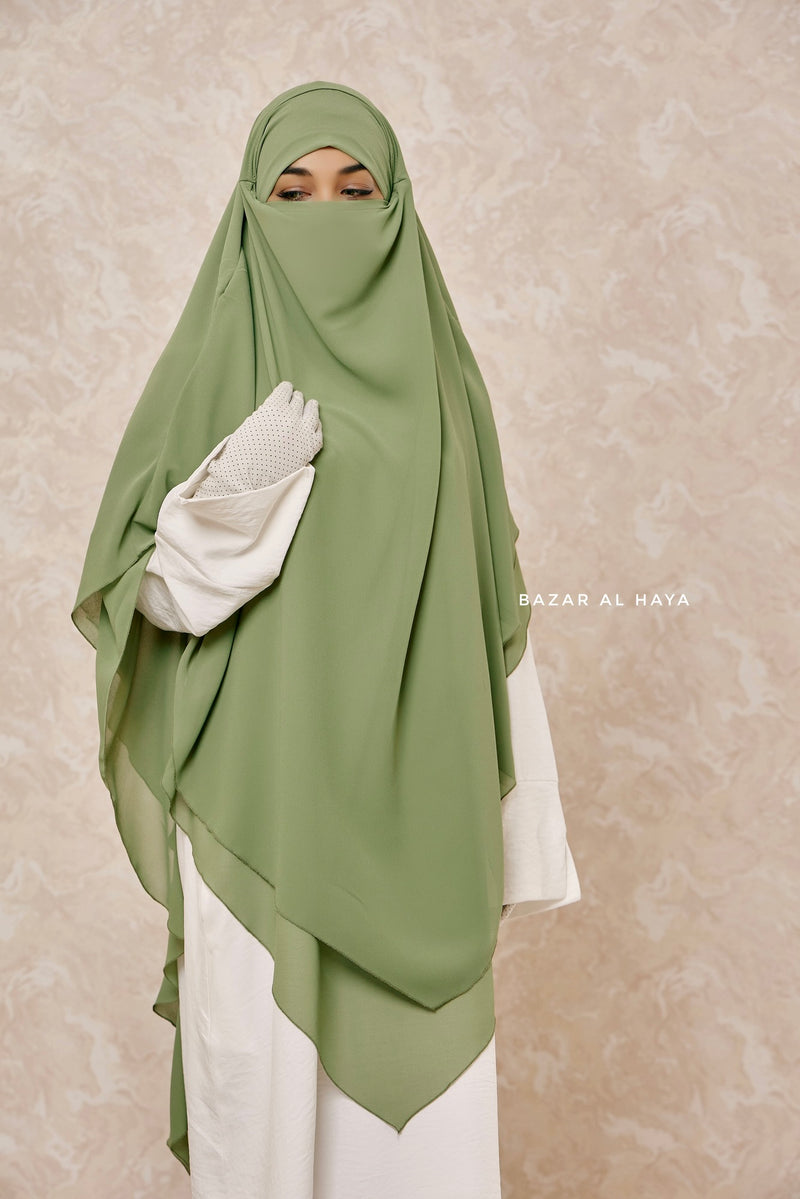 Olive Pari Two Layered Maxi Diamond Khimar - Crepe Chiffon