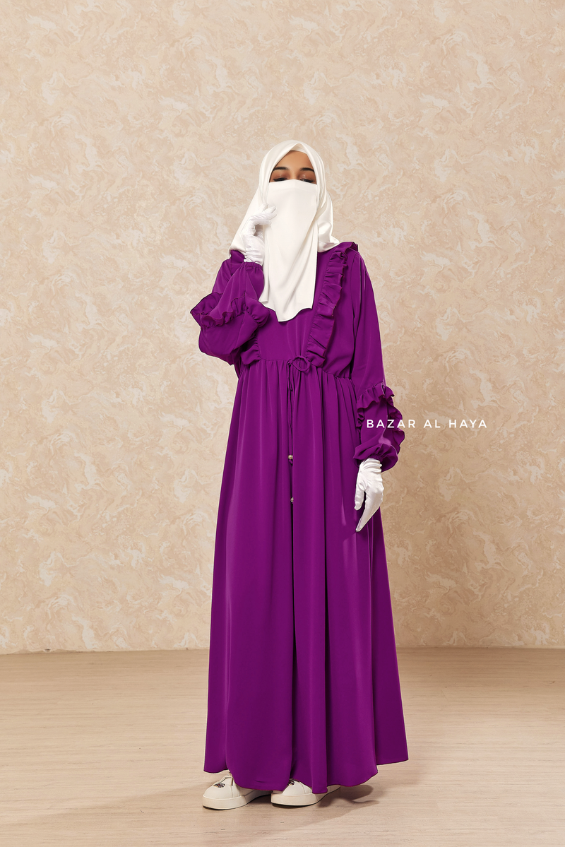 Afsah Bright Purple 3-D Ruffles Lightweight Abaya Dress - Soft Breathable Crepe Cotton