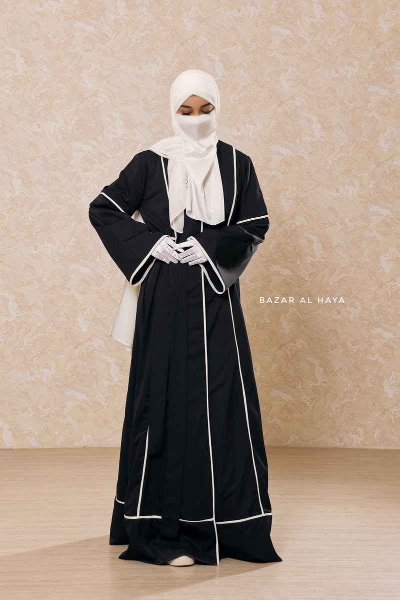 Black Fazeela Open Front Abaya In Classic Design - Premium Silk Crepe