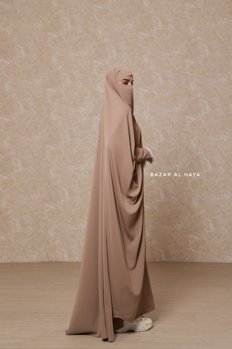 Mocha Sarah One Piece Jilbab - Zipper Sleeves - Silk Crepe