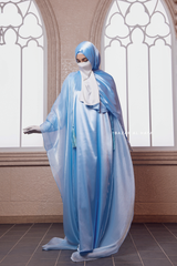 Humaira 3 Piece Abaya Set In Blue Organza Luxurious Kaftan With Inner Dress Scarf