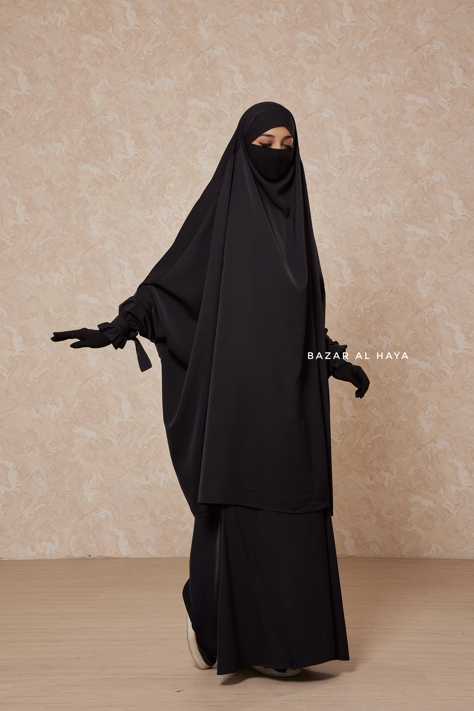 Bazar Al Haya | Black Jahida Two Piece Jilbab with Loose Pants Set - Skirt-Style Shalwar M