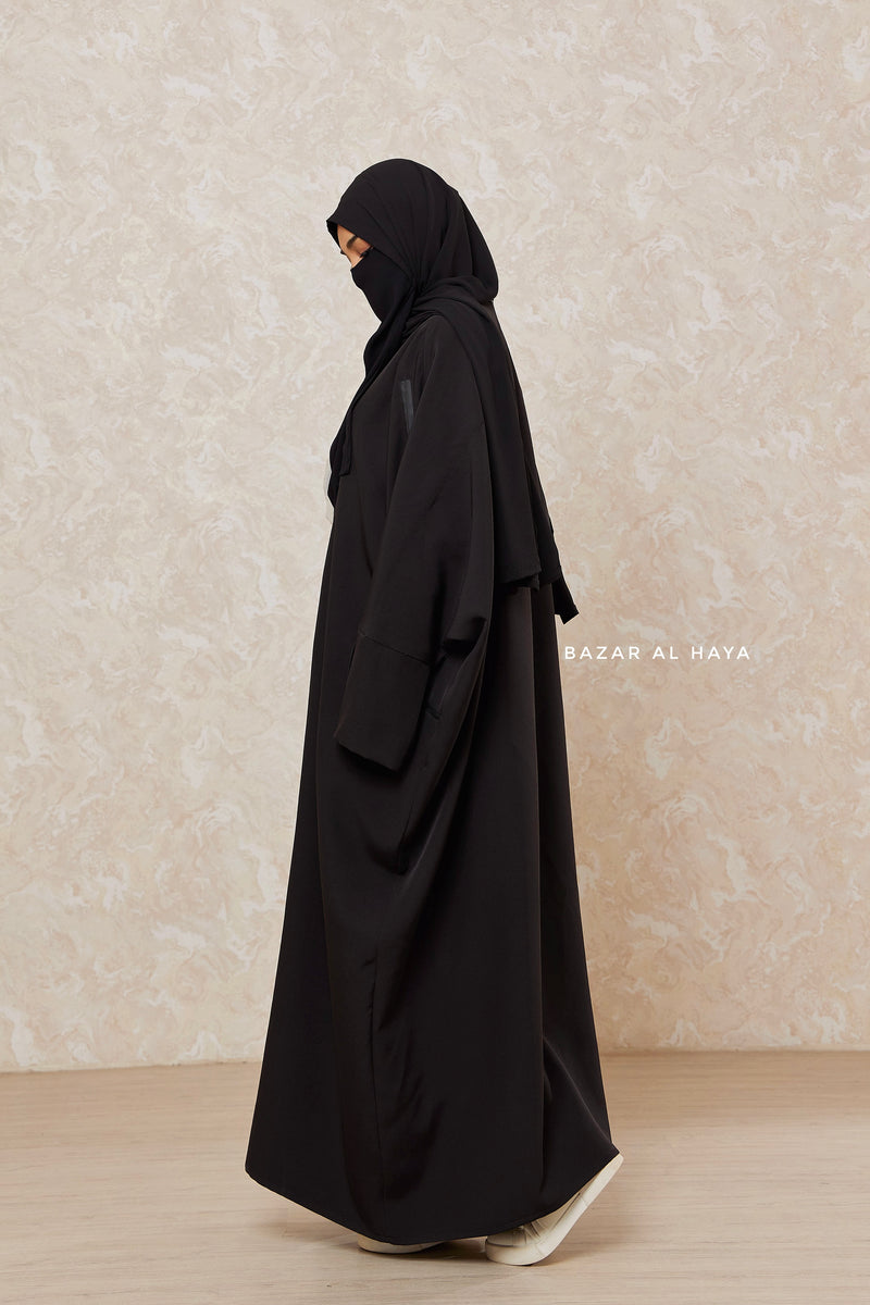 Black Falak Classic Loose Fit Abaya Coat With Scarf - Pockets & Zippers