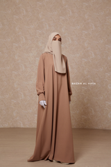 Rania Sepia Tan Abaya Dress Half-Placket Button Front & Sleeve - Mediumweight Soft Crepe Cotton