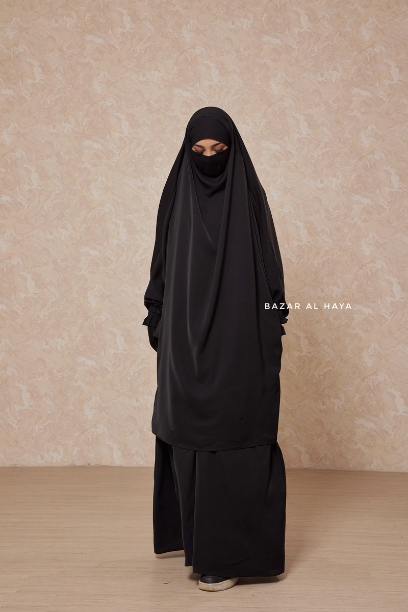 Black Jahida Two Piece Jilbab With Loose Pants Set - Skirt-Style Shalwar