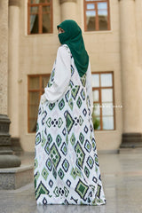 Reema Green & White  Print Dress In Classic Style - Side Pockets