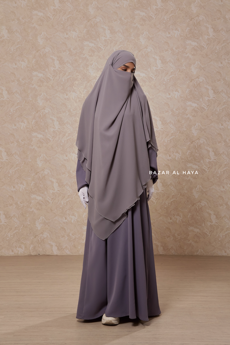 Silver Pari Layered Khimar & Salam 2 Abaya Two Piece Set