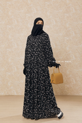 Black Amira Chiffon With Tie Neck Strings Abaya Dress - Puff Sleeves