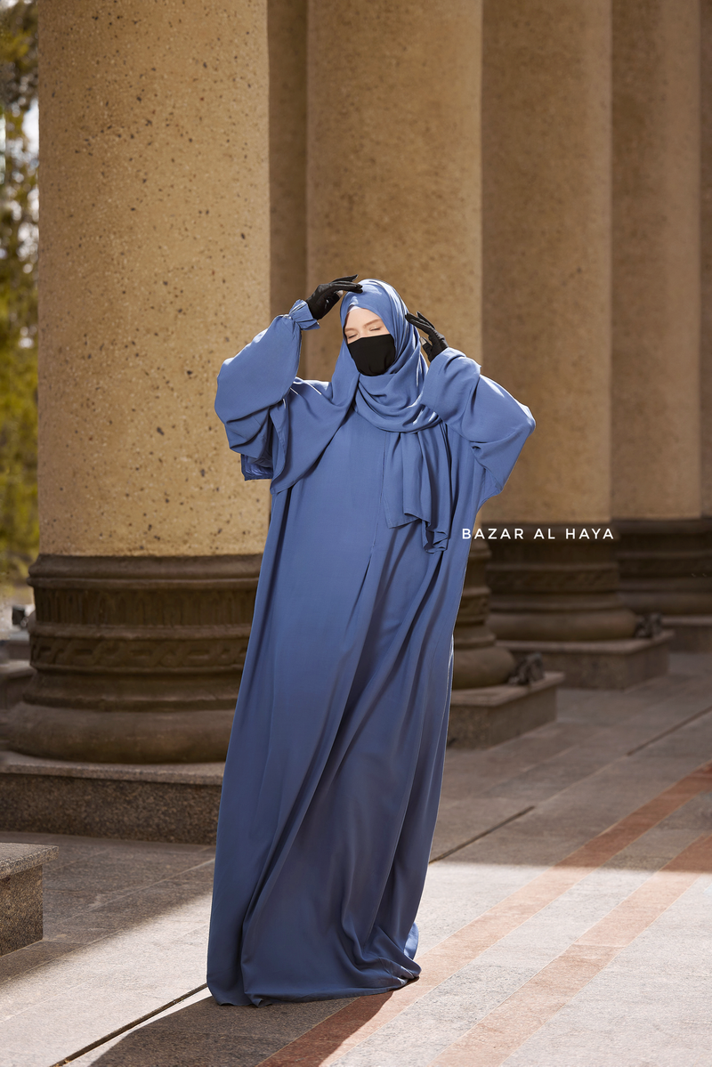 Prayer / Salah Dress One Piece Jilbab Blue 100% Cotton - Super Breathable Comfy Style