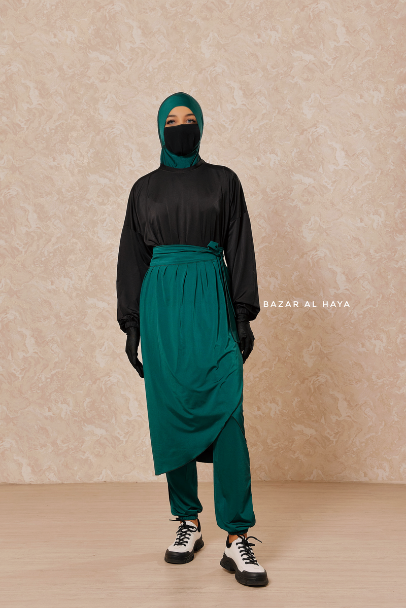 Emerald Black Modest Swimwear 4 Piece Set With Swimdress, Khimar, & Pants - Comfort Swimsuit