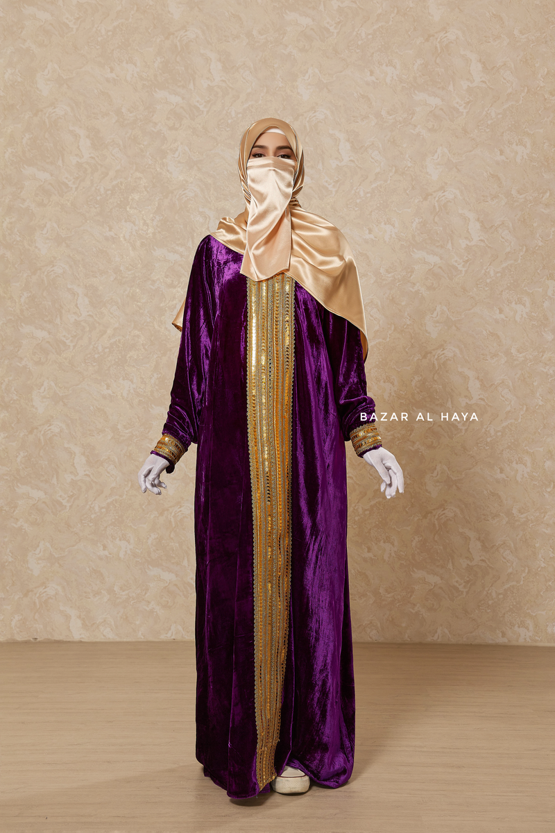 Purple Irfah Luxurious Plush Pombarch Kaftan - Abaya Dress With Belt