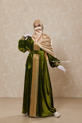 Pistachio Irfah Luxurious Plush Pombarch Kaftan - Abaya Dress With Belt