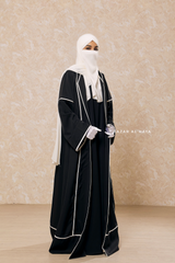 Black Fazeela Open Front Abaya In Classic Design - Premium Silk Crepe