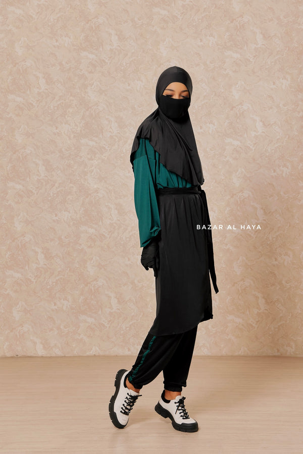 Black Emerald Modest Swimwear 4 Piece Set With Swimdress, Khimar, & Pants - Comfort Swimsuit