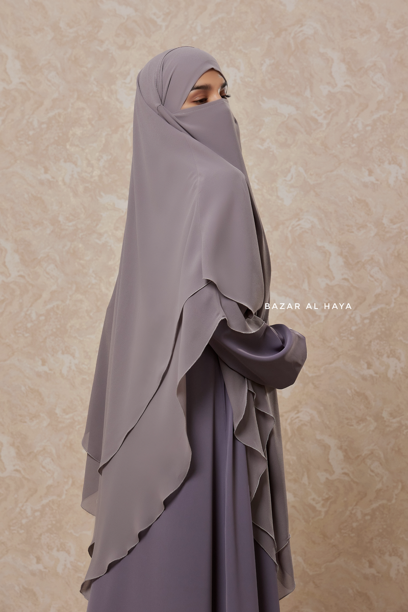 Silver Pari Layered Khimar & Salam 2 Abaya Two Piece Set