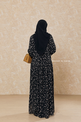 Black Amira Chiffon With Tie Neck Strings Abaya Dress - Puff Sleeves