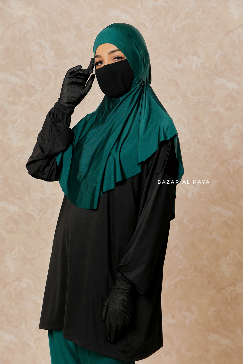 Emerald Black Modest Swimwear 4 Piece Set With Swimdress, Khimar, & Pants - Comfort Swimsuit