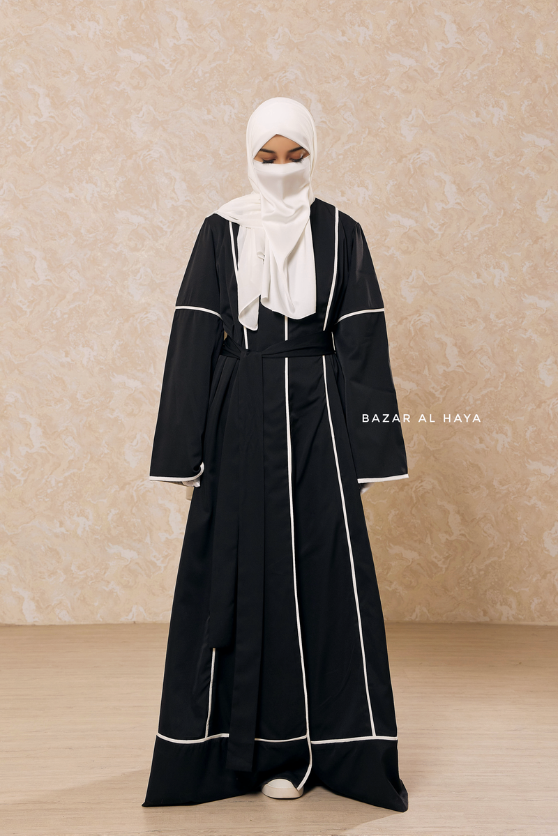 Black Fazeela Open Front Abaya In Classic Design - Premium Silk Crepe