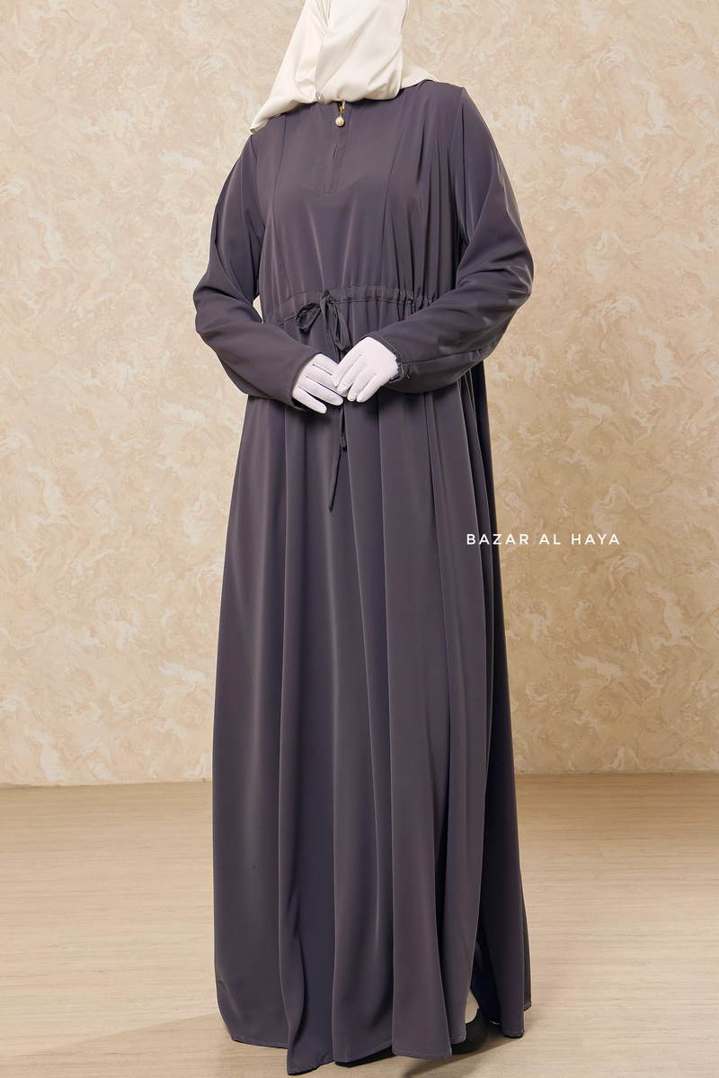 Steel Grey Salam 3 Belted Abaya Dress - Front Zipper & Zipper Sleeves - Nida