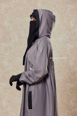 Kalina Steel Grey Hooded Abaya Dress With Pockets - Mediumweight Silk Crepe