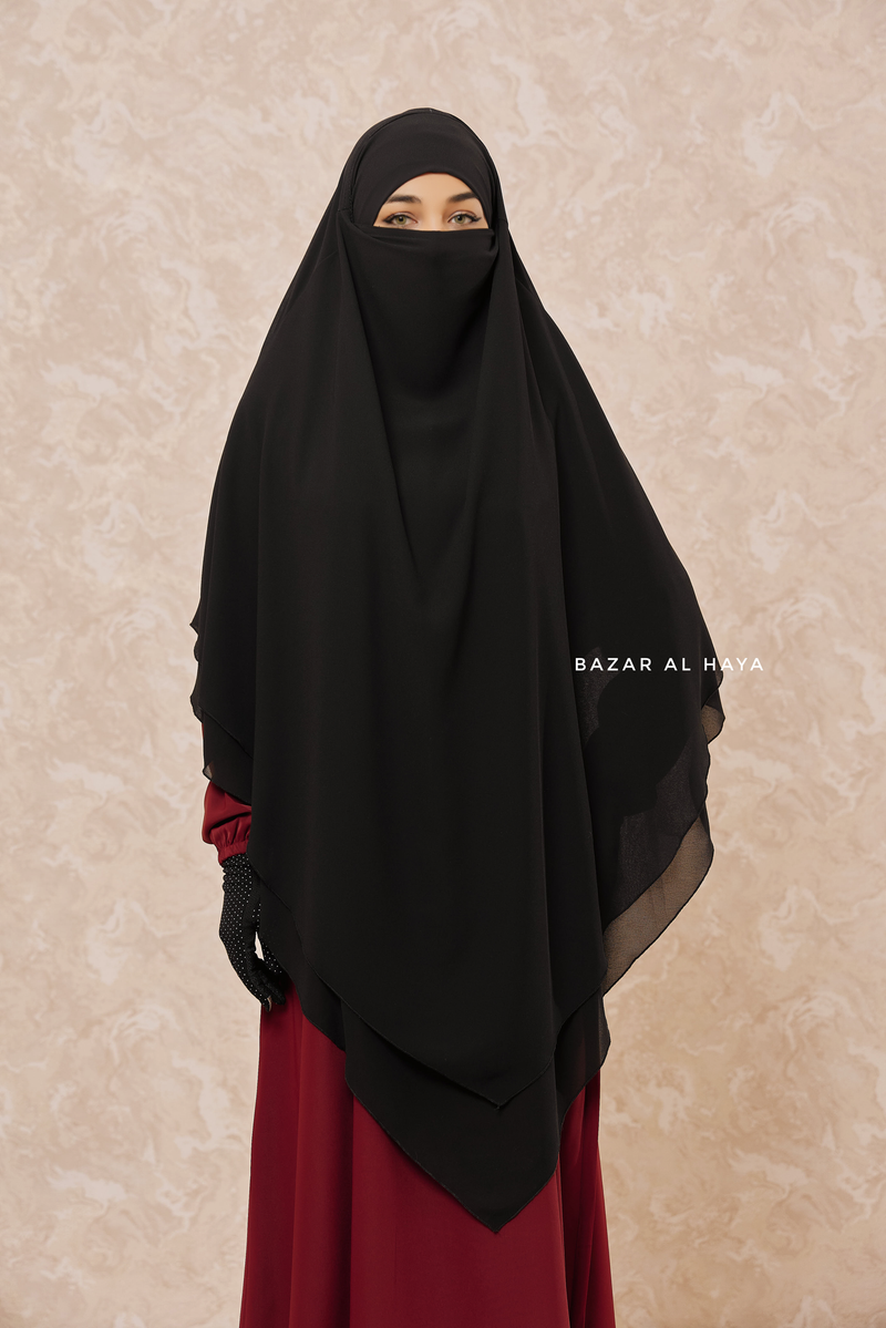 Black Pari Two Layered Maxi Diamond Khimar - Crepe Chiffon