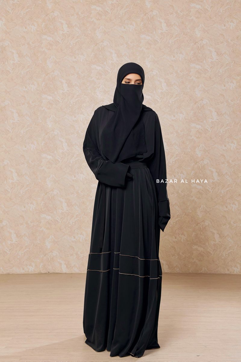 Black Fathiya Open Front Abaya In Nida - Relaxed Fit