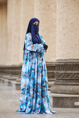 Sadia Ocean/Gold Print Dress - 100% Cotton Summer Tiered Abaya, Front Zipper