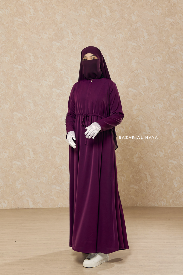 Salam 3 Purple Belted Abaya Dress - Front Zipper & Zipper Sleeves - Nida