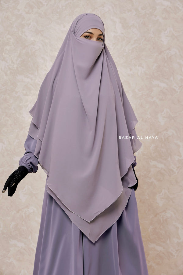 Grey Pari Two Layered Maxi Diamond Khimar - Crepe Chiffon