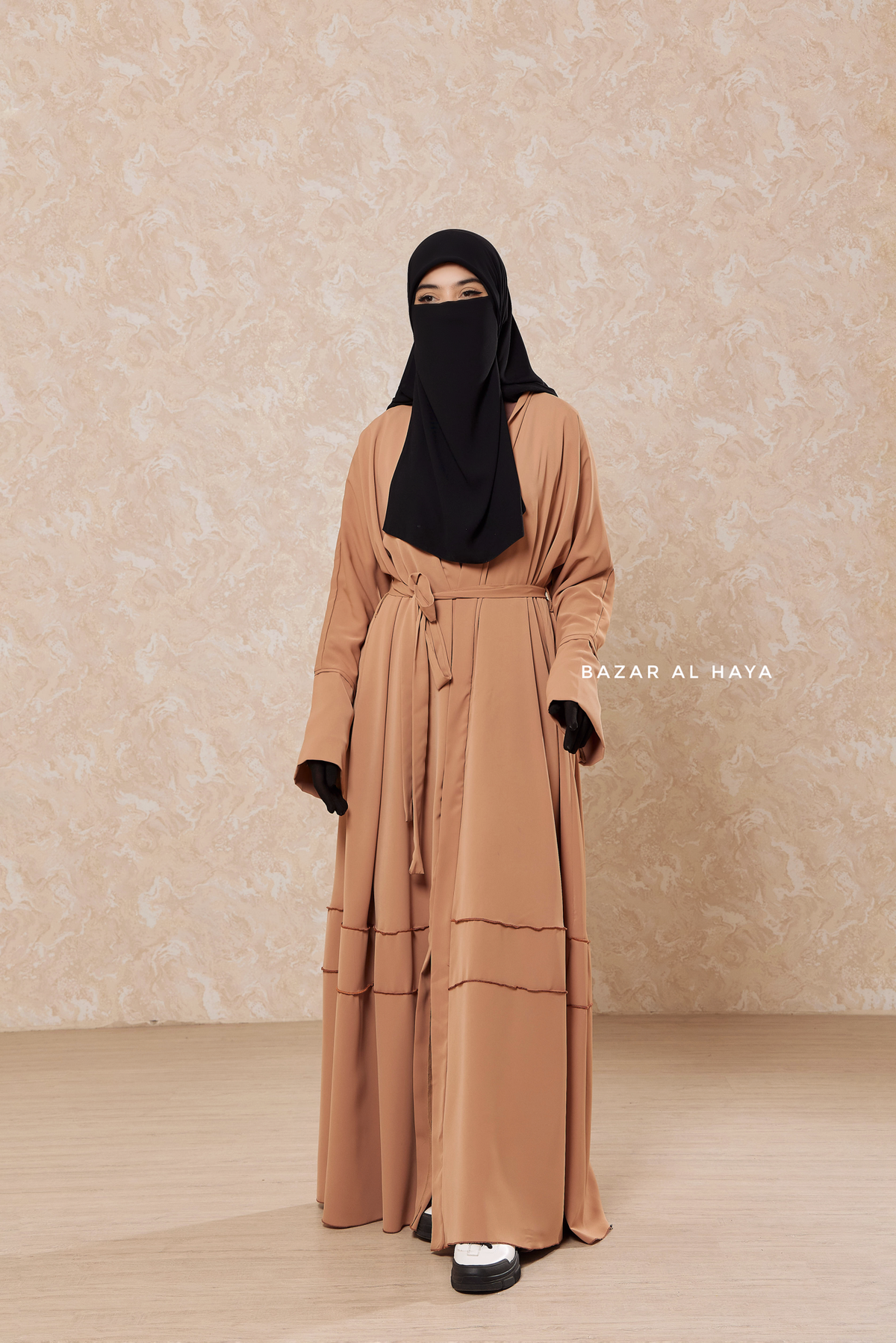 Latte Fathiya Open Front Abaya In Nida - Relaxed Fit – Bazar Al Haya