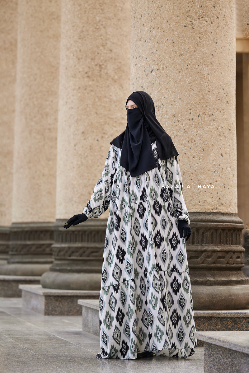 Sadia White/Green Print Dress - 100% Cotton Summer Tiered Abaya, Front Zipper