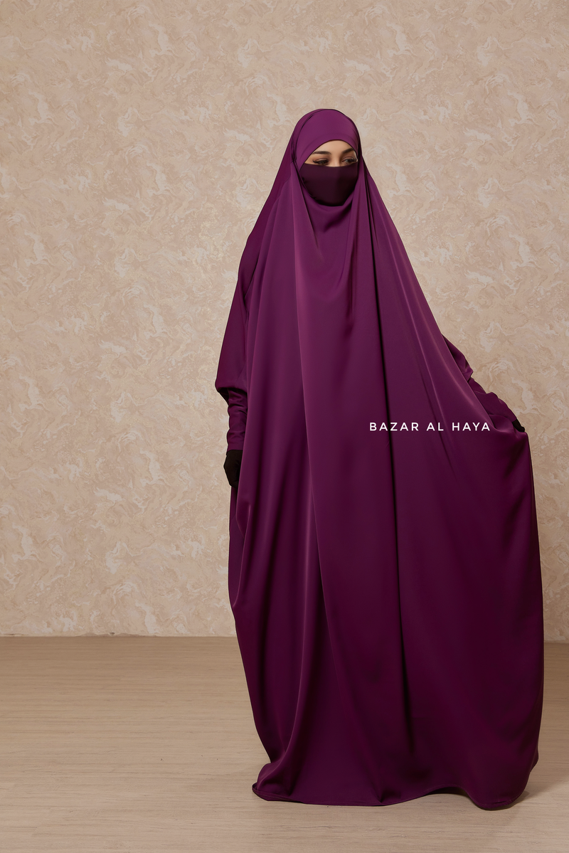 Purple Sarah One Piece Jilbab - Zipper Sleeves - Silk Crepe