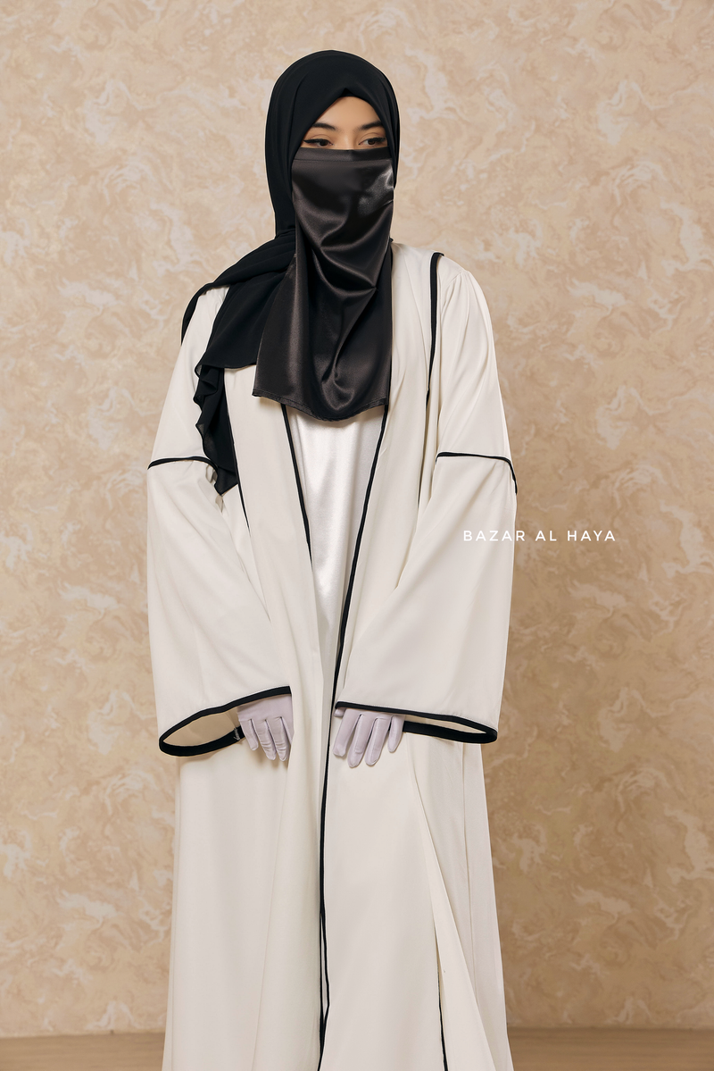 White Fazeela Open Front Abaya In Classic Design Premium Silk